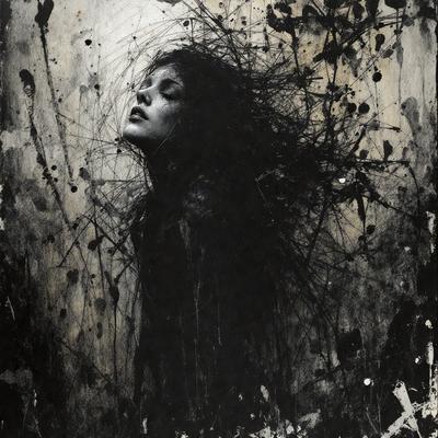 The primary subject of the image is a woman with long hair, who is looking upward. She is the main focus of the image. The setting is a black and white background, which adds a dramatic and artistic touch to the scene. The visual style is a combination of a photo and a drawing, creating a unique and intriguing appearance. The colors and mood of the image are predominantly dark, with the woman's hair being the only noticeable color. This gives the image a moody and mysterious atmosphere